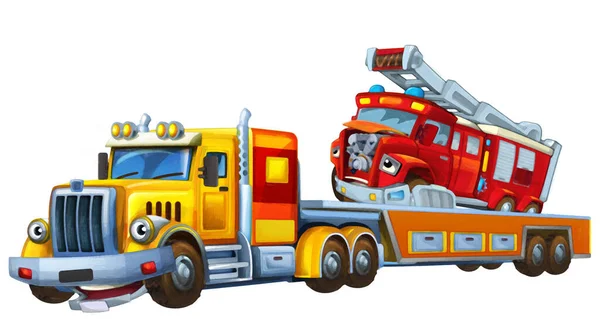 Σκηνή Κινουμένων Σχεδίων Ρυμούλκηση Φορτηγό Οδήγηση Φορτίο Άλλα Αυτοκίνητα Πυροσβέστης — Φωτογραφία Αρχείου