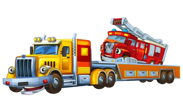 Cartoon Scene Met Sleepwagen Rijden Met Lading Andere Auto Brandweerman — Stockfoto