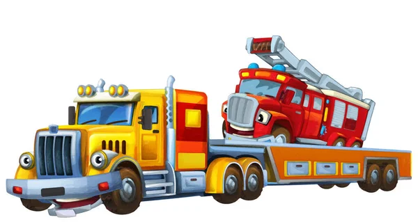 他の車の消防士をロードして牽引トラックの運転と漫画のシーン子供の芸術的なスタイルのための孤立したイラスト — ストック写真
