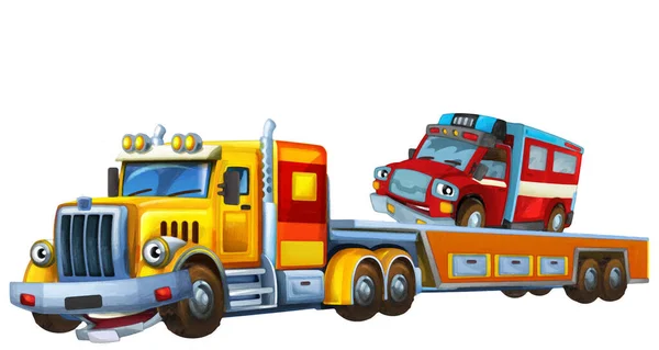 Σκηνή Κινουμένων Σχεδίων Ρυμούλκηση Φορτηγό Οδήγηση Φορτίο Άλλα Αυτοκίνητα Πυροσβέστης — Φωτογραφία Αρχείου
