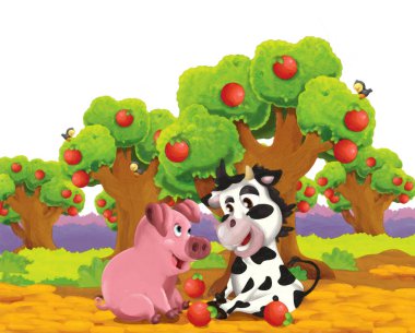 Domuz ve ineğin beyaz arka planda eğlendiği karikatür sahnesi - sanatsal resim tarzı çocuklar için illüstrasyon