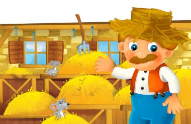 Çiftlikte çalışan mutlu bir adamın olduğu çizgi film sahnesi. Çocuk sanatsal resim tarzı için beyaz arkaplanda gülümsüyor ve ayakta duruyor.