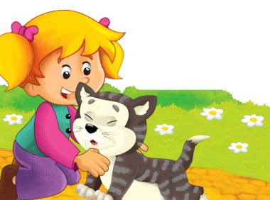 Kedilerin beyaz arka planda çiftlikte eğlendiği karikatür sahnesi - sanatsal resim tarzı çocuklar için çizim