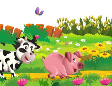 Domuz ve ineğin beyaz arka planda eğlendiği karikatür sahnesi - sanatsal resim tarzı çocuklar için illüstrasyon