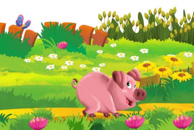 Çiftlikteki bir domuzun beyaz arka planda eğlendiği karikatür sahnesi - sanatsal resim tarzı çocuklar için çizim