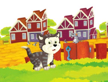 Kedilerin beyaz arka planda çiftlikte eğlendiği karikatür sahnesi - sanatsal resim tarzı çocuklar için çizim