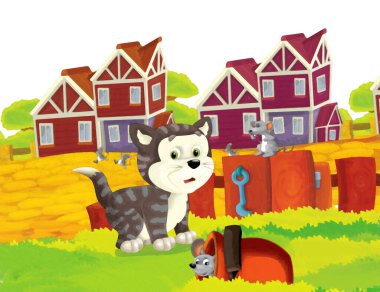 Kedilerin beyaz arka planda çiftlikte eğlendiği karikatür sahnesi - sanatsal resim tarzı çocuklar için çizim