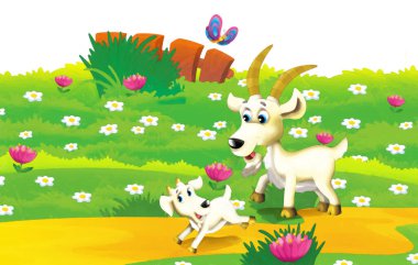 Hayvan keçisinin beyaz arka planda eğlendiği çizgi film sahnesi - sanatsal resim tarzı çocuklar için çizim
