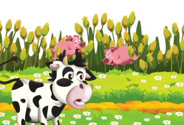 Domuz ve ineğin çiftlikte beyaz arka planda eğlendiği karikatür sahnesi - sanatsal resim tarzı çocuklar için illüstrasyon