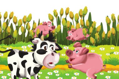 Domuz ve ineğin beyaz arka planda eğlendiği karikatür sahnesi - sanatsal resim tarzı çocuklar için illüstrasyon