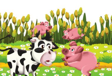 Domuz ve ineğin beyaz arka planda eğlendiği karikatür sahnesi - sanatsal resim tarzı çocuklar için illüstrasyon