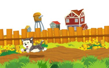 Kedilerin beyaz arka planda çiftlikte eğlendiği karikatür sahnesi - sanatsal resim tarzı çocuklar için çizim