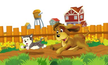 Beyaz arka planda köpeklerin çiftlikte eğlendiği karikatür sahnesi - sanatsal resim tarzı çocuklar için çizim