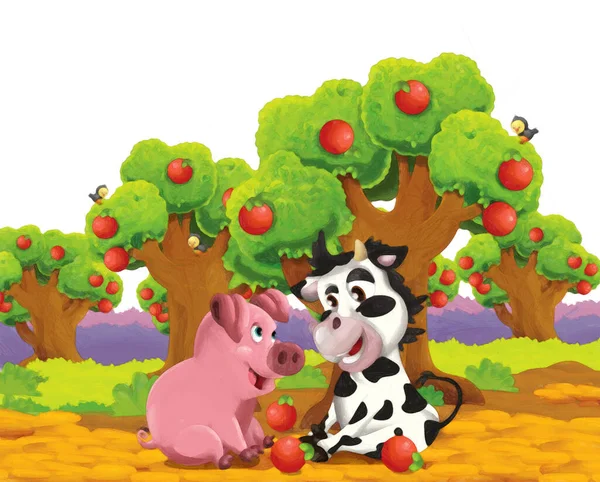 Scène Dessin Animé Avec Cochon Vache Sur Une Ferme Amuser — Photo