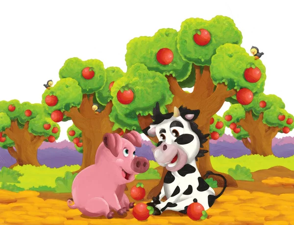 cartoon scene with pig and cow on a farm having fun on white background - illustration for children artistic painting style