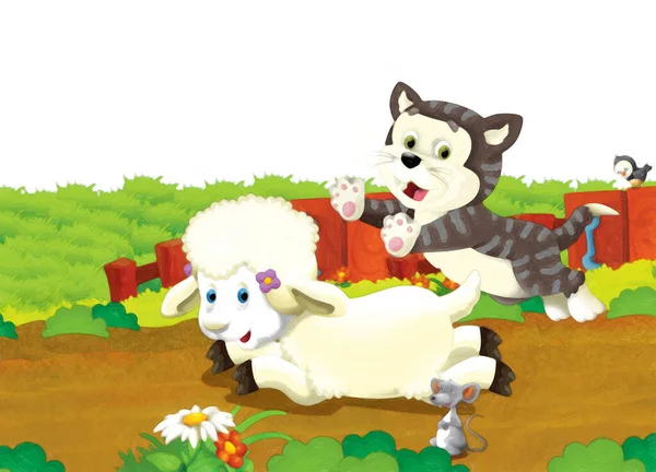 Kreslená Scéna Ovcemi Kočkou Baví Farmě Bílém Pozadí Ilustrace Pro — Stock fotografie