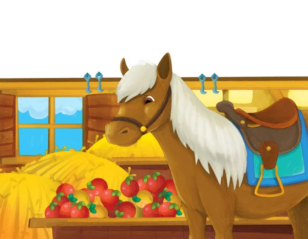 Cena Dos Desenhos Animados Com Cavalo Divertindo Fazenda Fundo Branco — Fotografia de Stock