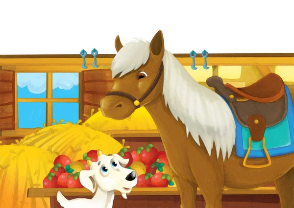 Kreslená Scéna Koněm Baví Farmě Bílém Pozadí Ilustrace Pro Děti — Stock fotografie