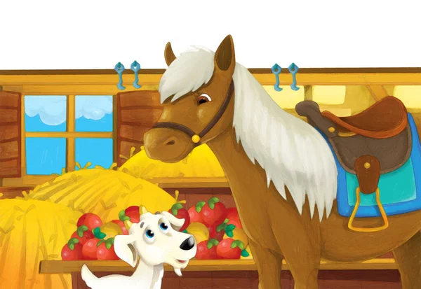 Scena Rysunkowa Koniem Bawiącym Się Farmie Białym Tle Ilustracja Dla — Zdjęcie stockowe