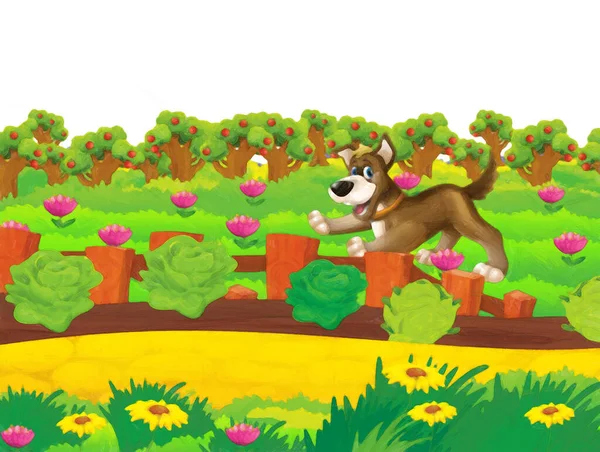 带着狗在白色背景的农场里玩乐的卡通片 儿童艺术绘画风格图解 — 图库照片