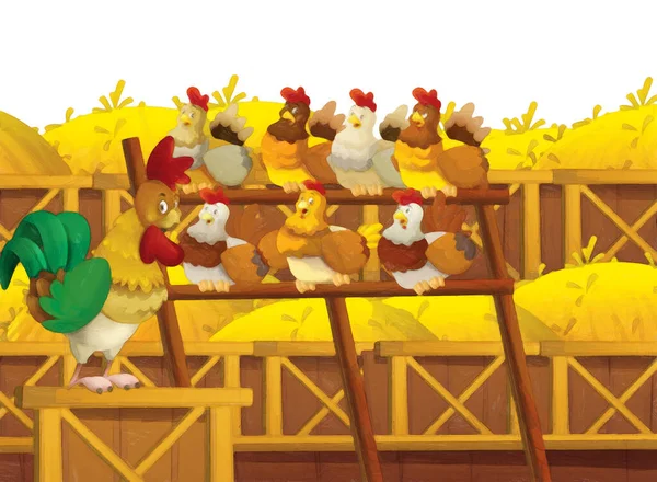 Cartoon Farm Scene Animal Chicken Bird Having Fun White Background — Stock Photo, Image