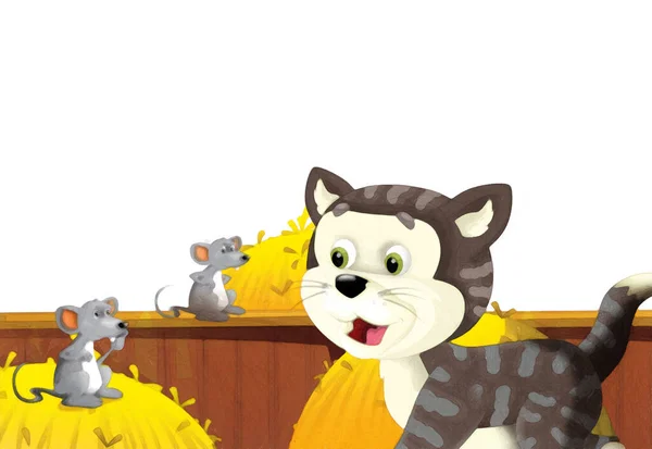 Cartoon Scene Cat Having Fun Farm White Background Illustration Children — Stock Photo, Image