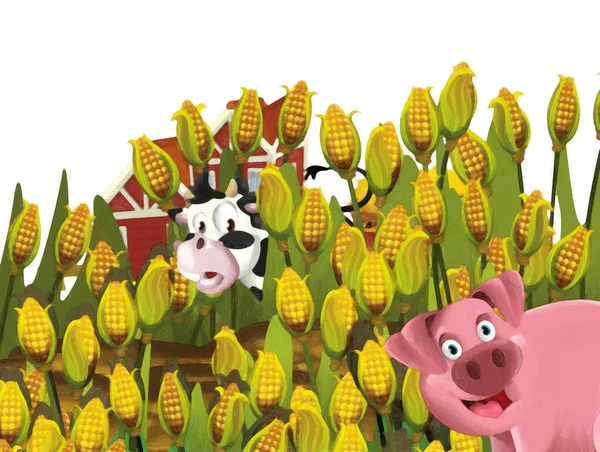 农场农场里猪和牛在白色背景下玩耍的卡通场景 儿童艺术创作风格图解 — 图库照片