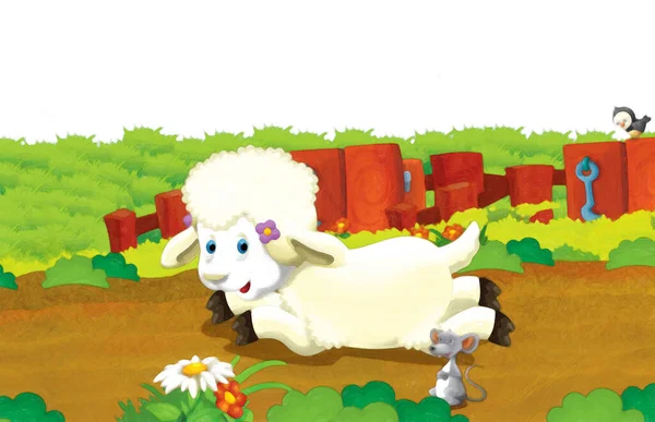 以白色背景的羊在农场里玩乐的卡通片 儿童艺术绘画风格图解 — 图库照片