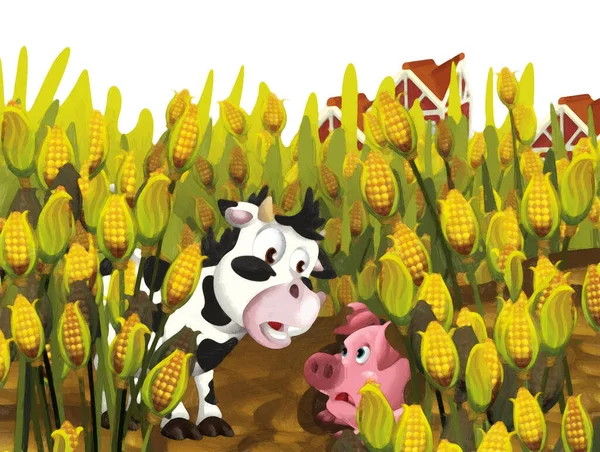 白い背景が楽しい牧場の豚と牛の漫画シーン 子供のためのイラストアート絵画スタイル — ストック写真