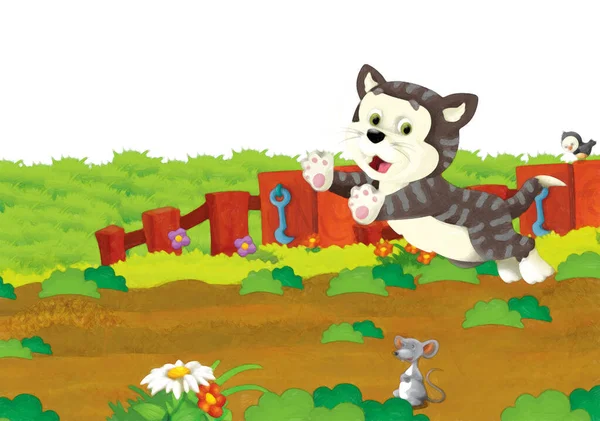 Scena Rysunkowa Kotem Bawiącym Się Farmie Białym Tle Ilustracja Dla — Zdjęcie stockowe