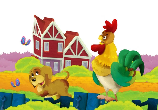 Cartoon farm scene with animal chicken bird having fun on white background with space for text - illustration for children artistic painting style