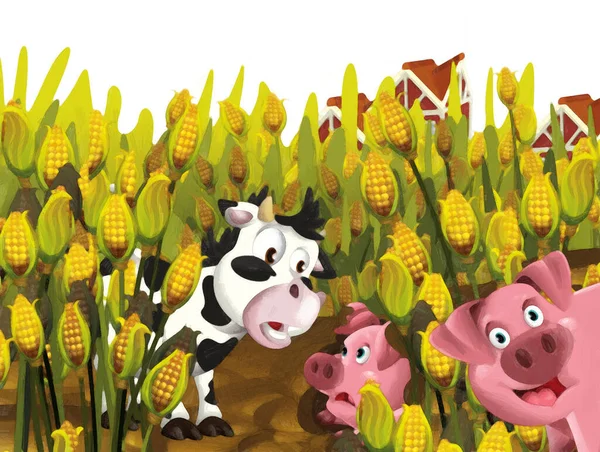 Cartoon Scene Pig Cow Farm Ranch Having Fun White Background — Stock Photo, Image