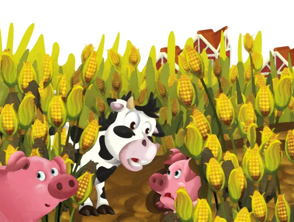Cartoon Szene Mit Schwein Und Kuh Auf Einer Farm Ranch — Stockfoto
