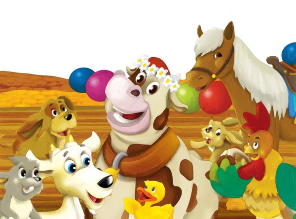 以白色背景的奶牛在农场玩乐的卡通片 儿童艺术绘画风格图解 — 图库照片