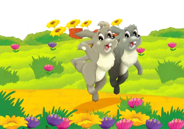 cartoon scene with rabbit on a farm having fun on white background - illustration for children artistic painting style