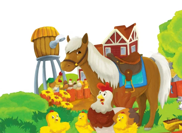 Cartoon Bauernhofszene Mit Tierischem Hühnervogel Der Spaß Auf Weißem Hintergrund — Stockfoto