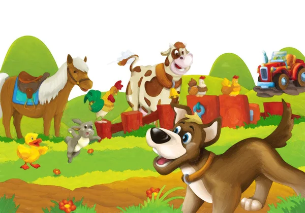 白い背景で農場で楽しみを持っている犬と漫画シーン 子供のためのイラストアート絵画スタイル — ストック写真