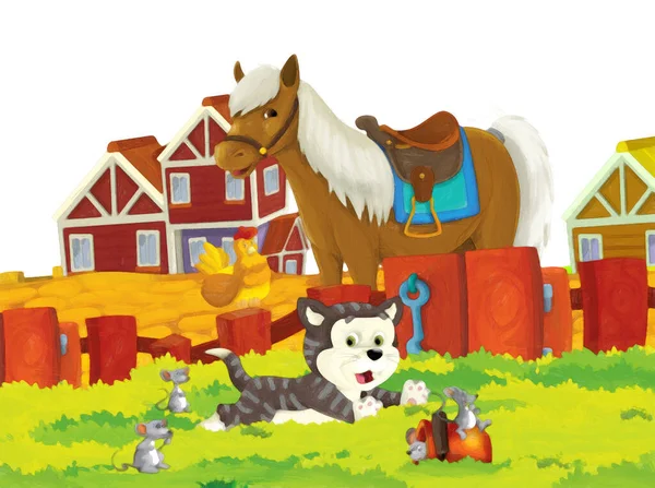 cartoon scene with cat and horse having fun on the farm on white background - illustration for children artistic painting style
