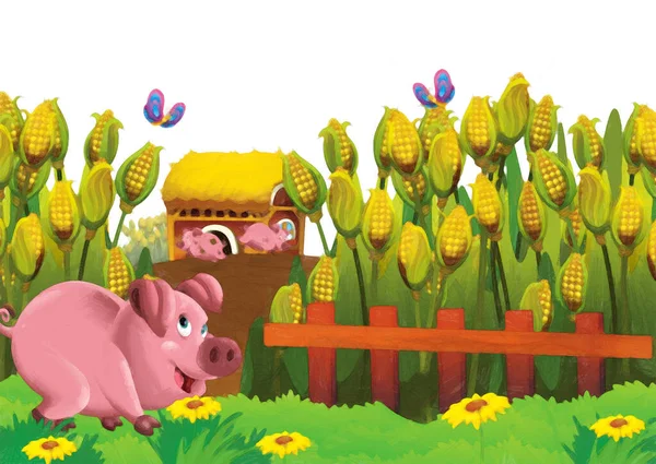 白い背景で楽しい牧場の豚と漫画シーン 子供たちのためのイラストアート絵画スタイル — ストック写真