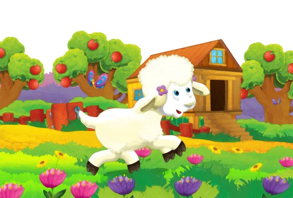 Beyaz Arka Planda Koyunların Çiftlikte Eğlendiği Karikatür Sahnesi Sanatsal Resim — Stok fotoğraf
