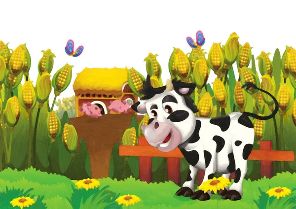 cartoon scene with pig and cow on a farm ranch having fun on white background - illustration for children artistic painting style