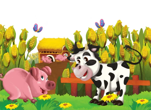 Kreslená Scéna Prasetem Krávou Farmě Baví Bílém Pozadí Ilustrace Pro — Stock fotografie