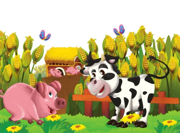农场里猪和牛在白色背景下玩耍的卡通场景 儿童艺术创作风格的图解 — 图库照片
