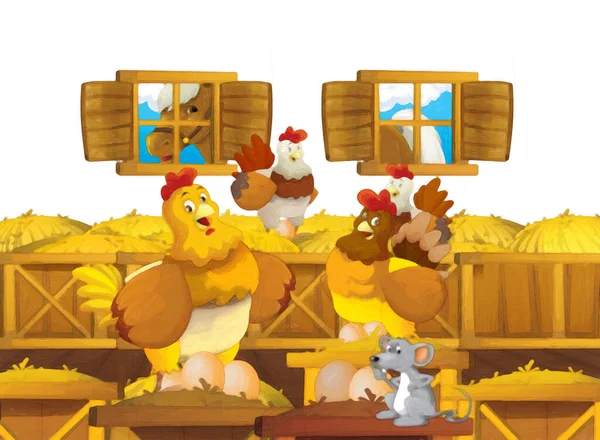 Cartoon Farm Scena Ptaka Zwierząt Kurczaka Zabawy Białym Tle Miejsca — Zdjęcie stockowe
