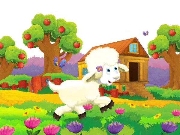 Scena Rysunkowa Owcami Bawiącymi Się Gospodarstwie Białym Tle Ilustracja Dla — Zdjęcie stockowe