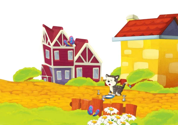 Kreslená Scéna Kočkou Baví Farmě Bílém Pozadí Ilustrace Pro Děti — Stock fotografie