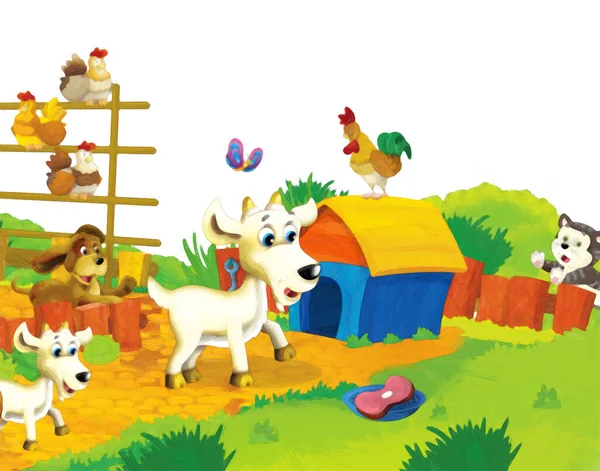 Cartoon Farma Scéna Zvířecí Kozou Baví Bílém Pozadí Ilustrace Pro — Stock fotografie