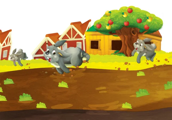 Scena Kreskówki Królikiem Farmie Zabawy Białym Tle Ilustracja Dla Dzieci — Zdjęcie stockowe