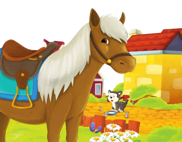 以白色背景的马儿在农场玩乐的卡通片 儿童艺术绘画风格图解 — 图库照片