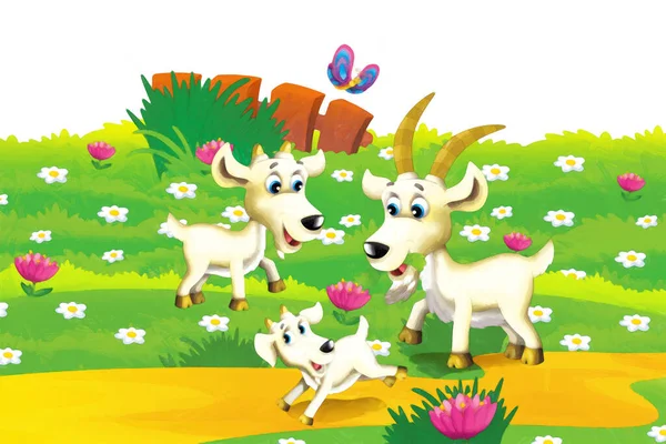 以白色背景的动物山羊为乐的卡通农场场景 儿童艺术绘画风格图解 — 图库照片